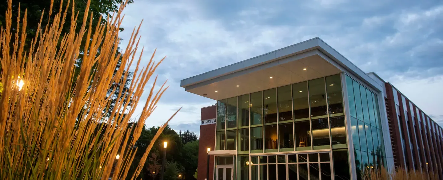 The front of W.M. Keck Science Center at dusk.